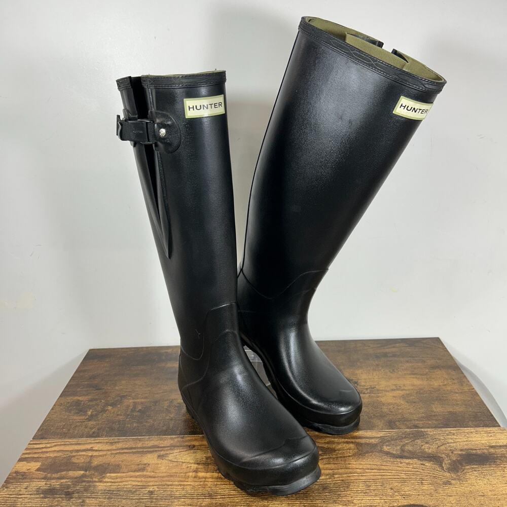 Hunter Norris Field Side Adjustable Women 8 Black Boots With Green Label
